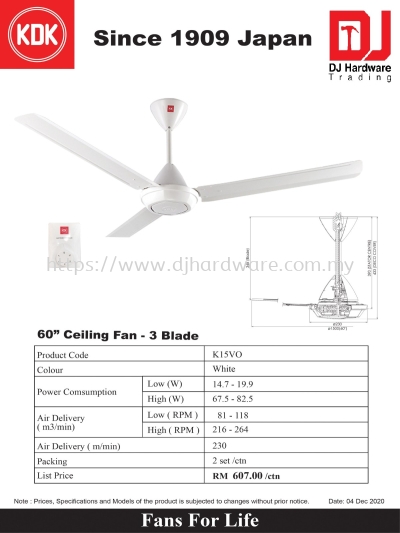 KDK FAN VENTILATION PRODUCTS 60 CEILING FAN 3 BLADE WHITE K15VO (CL)