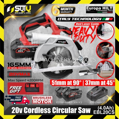 Europa Hilt EBL20CS 20V Cordless Circular Saw with Brushless Motor 4200RPM w/ 2x Batt 4.0Ah+ Charger + Bag