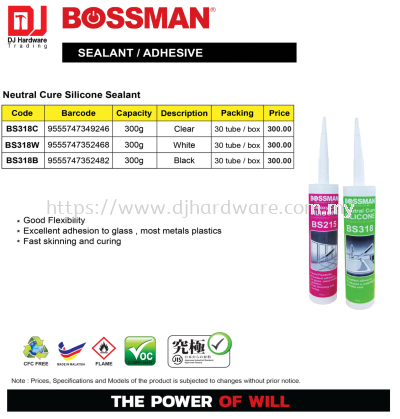 BOSSMAN NEUTRAL CURE SILICONE SEALANT BLACK BS318B 9555747352482 (CL)