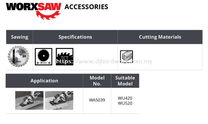 WORX SAW ACCESSORIES SAWING 85MM TCT24T WA5039 WU420 WU520 (WO)