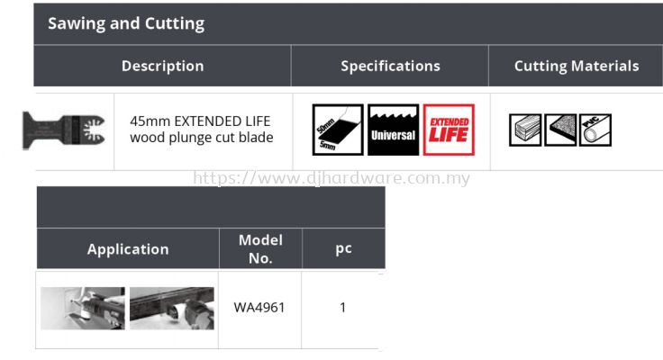 WORX SAWING AND CUTTING EXTENDED LIFE WOOD PLUNGE CUT BLADE 45MM WA4961 (WO)