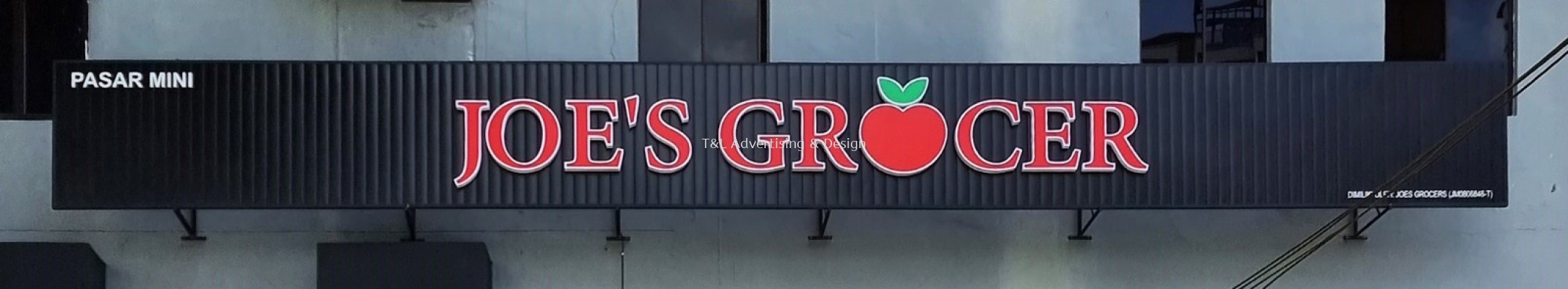 Joe's Grocer Spandrel Signboard with 3D Foamboard Lettering