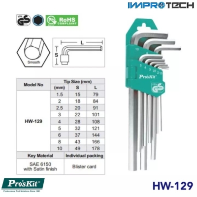 PRO'SKIT [HW-129] 9Pcs Long Arm Hex Key Set(1.5,2,2.5,3,4,5,6,8,10mm)