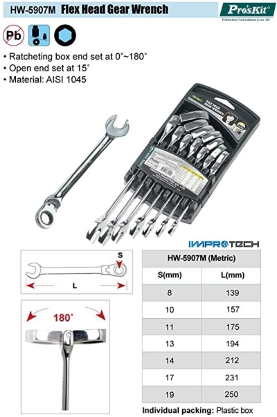 PRO'SKIT [HW-5907M] Flex Head Gear Wrench