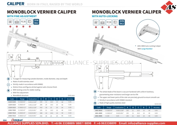 DASQUA Monoblock Vernier Caliper with Fine Adjustment / Monoblock Vernier Caliper with Auto-Locking