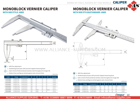 DASQUA Monoblock Vernier Caliper with NIB Style Jaws / Monoblock Vernier Caliper with NIB Style