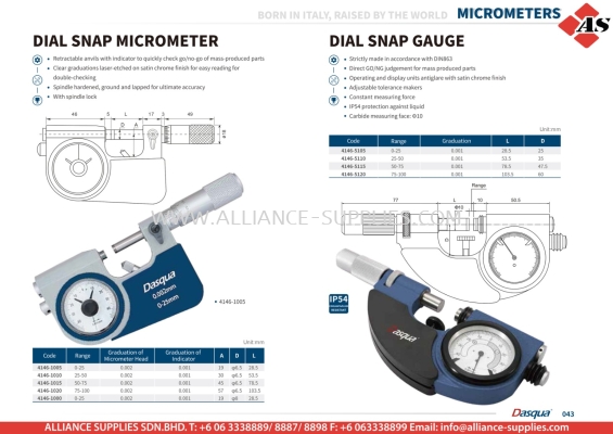 DASQUA Dial Snap Micrometer / Dial Snap Gauge