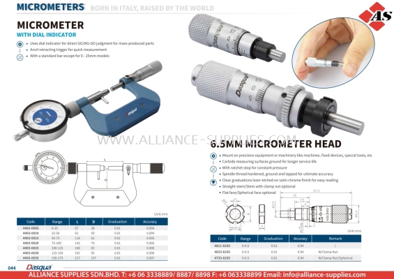 DASQUA Micrometer with Dial Indicator / 6.5mm Micrometer Head