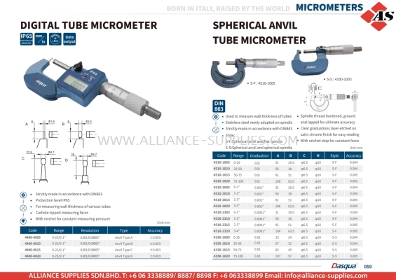 DASQUA Digital Tube Micrometer / Shperical Anvil Tube Micrometer