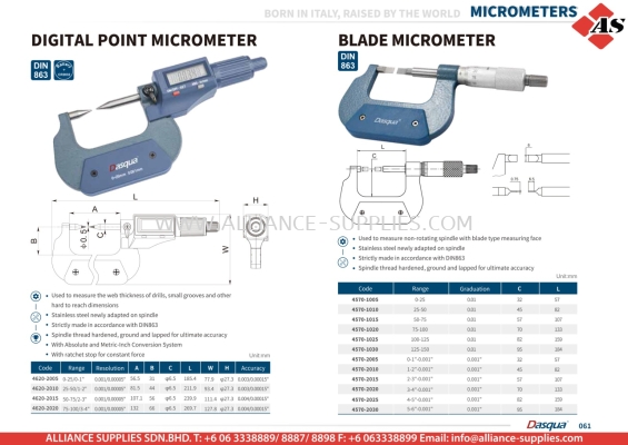 DASQUA Digital Point Micrometer / Blade Micrometer