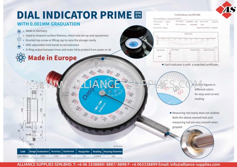 DASQUA Dial Indicator Prime with 0.01mm Graduation DASQUA Indicators DASQUA Measuring Tools MEASURING INSTRUMENTS