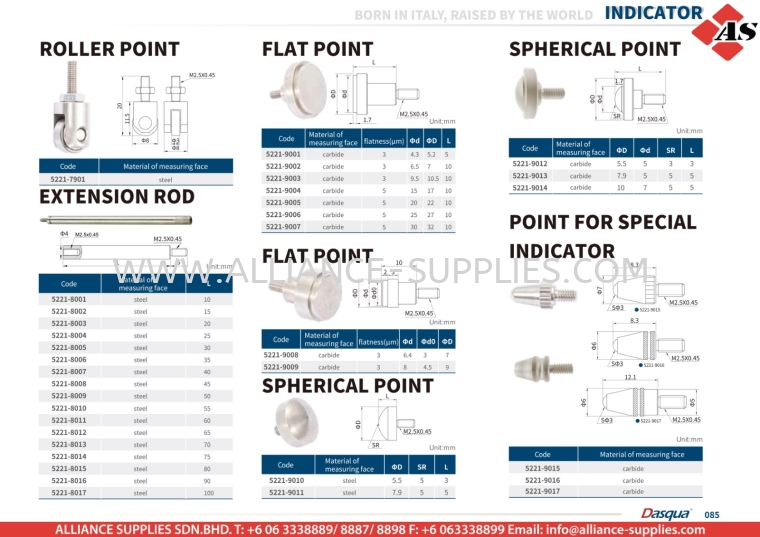 DASQUA Roller Point / Extension Rod / Flat Point / Spherical Point / Point For Special Indicator DASQUA Indicators DASQUA Measuring Tools MEASURING INSTRUMENTS