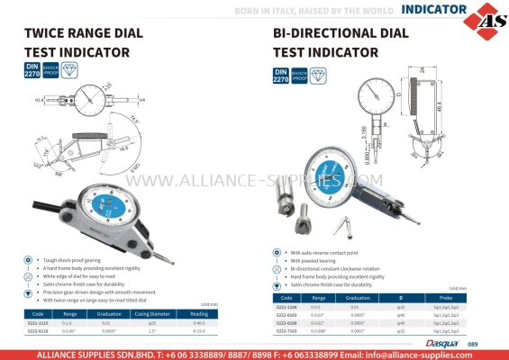 DASQUA Twice Range Dial Test Indicator / Bi-Directional Dial Test Indicator