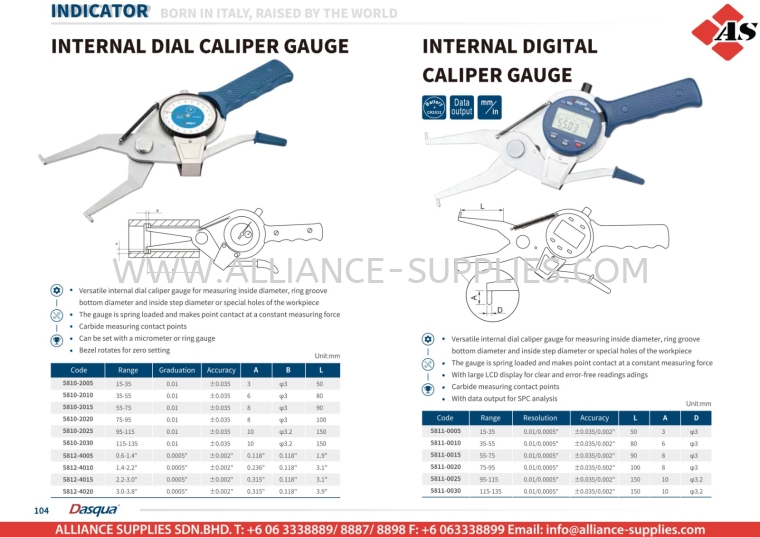 DASQUA Internal Dial Caliper Gauge / Internal Digital Caliper Gauge DASQUA Indicators DASQUA Measuring Tools MEASURING INSTRUMENTS