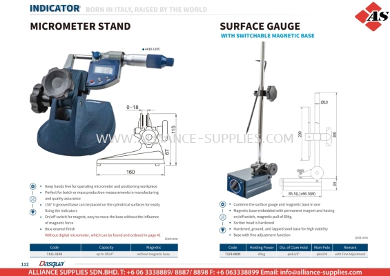 DASQUA Micrometer Stand / Surface Gauge with Switchable Magnetic Base