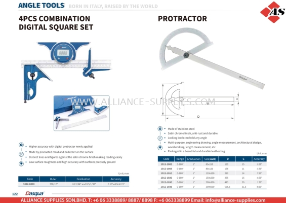 DASQUA 4 Pcs Combination Digital; Square Set / Protractor