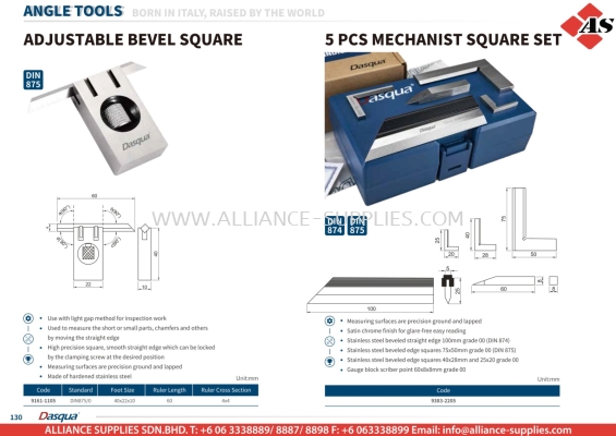 DASQUA Adjustable Bevel Square / 5 Pcs Mechanist Square Set