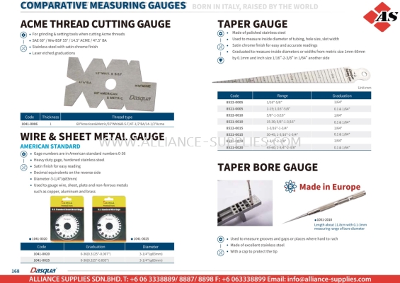 DASQUA Acme Thread Cutting Gauge / Taper Gauge / Wire & Sheet Metal Gauge / Taper Bore Gauge