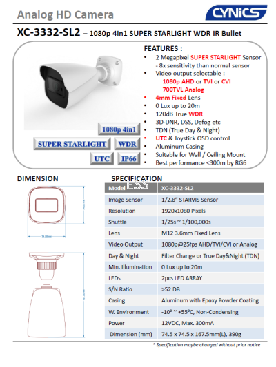 Cynics 2MP 4 In 1 Super Starlight WDR IR Bullet Camera XC-3332-SL2