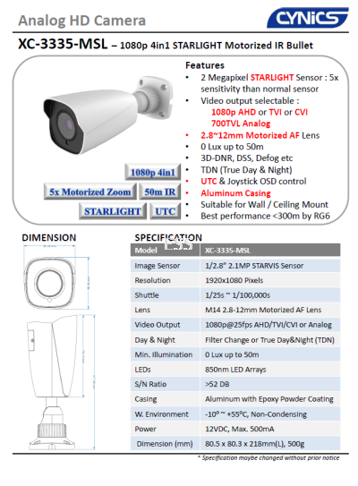 Cynics 2MP 4 In 1 Starlight Motorized IR Bullet Camera XC-3335-MSL