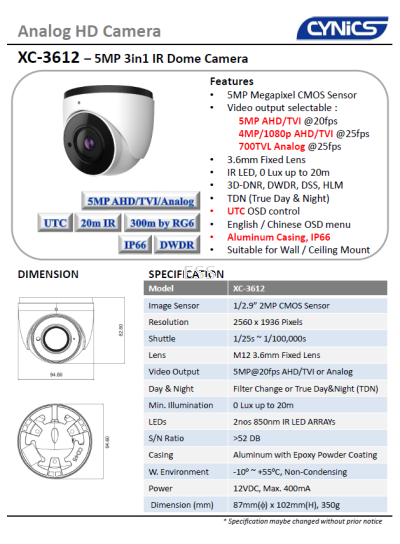 Cynics 5MP 3 In 1 IR Dome Camera XC-3612