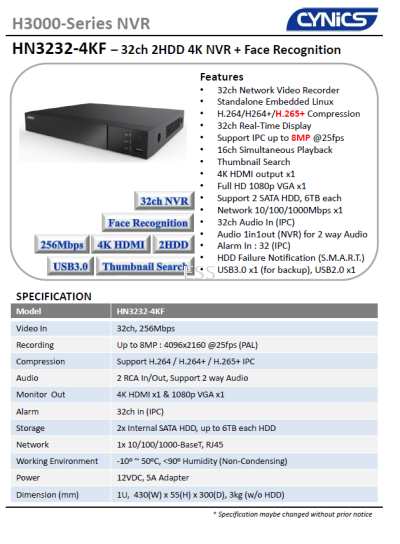 Cynics 8MP 32 Channel 2HDD 4K + Face Recognition NVR HN-3232-4KF