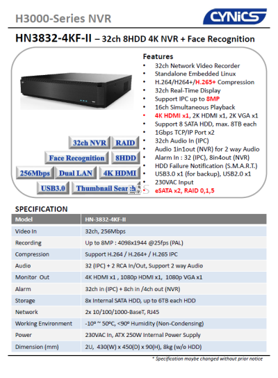 Cynics 8MP 32 Channel 8HDD 4K+ Face Recognition NVR HN-3832-4KF-II