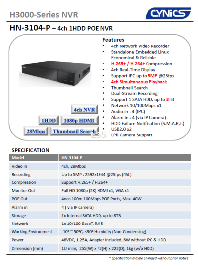 Cynics 5MP 4 Channel 1HDD POE NVR HN-3104-P