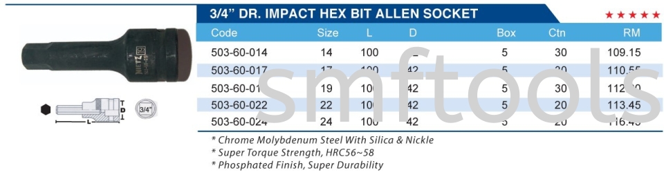 3/4" DR.IMPACT HEX BIT ALLEN SOCKET SOCKET & ADAPTOR NIETZ