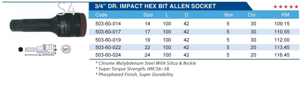 3/4" DR.IMPACT HEX BIT ALLEN SOCKET