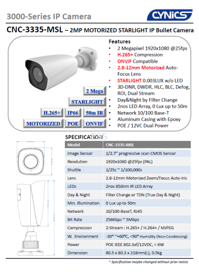 Cynics 2MP Motorized Starlight IP Bullet Camera CNC-3335-MSL