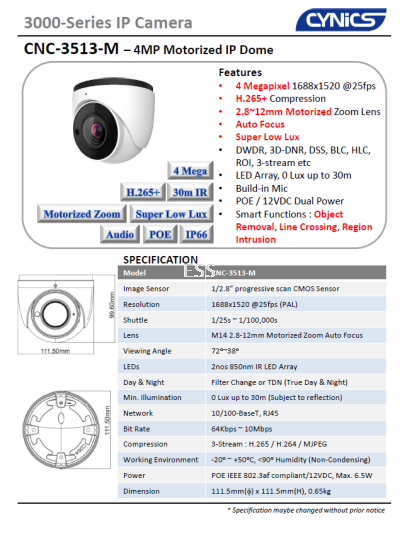 Cynics 4MP Motorized IP Dome Camera CNC-3513-M