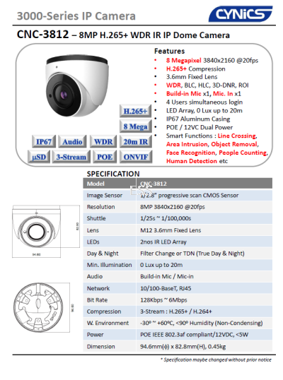 Cynics 8MP WDR IR IP Dome Camera CNC-3812