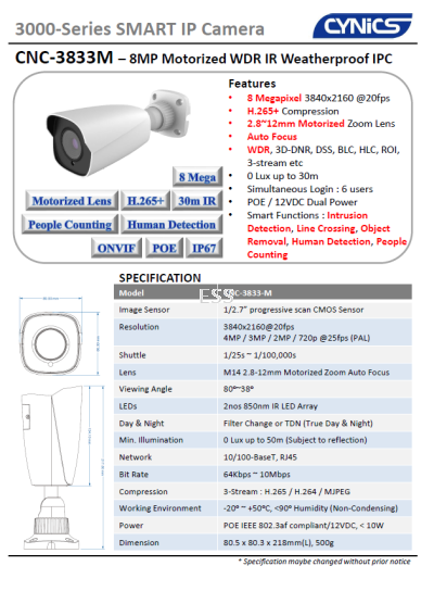 Cynics 8MP Motorized IP Bullet Camera CNC-3833-M