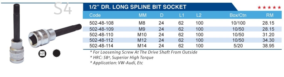 1/2" DR. LONG SPLINE BIT SOCKET