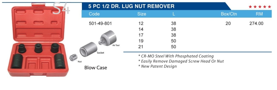 5 PC 1/2 DR. LUG NUT REMOVER