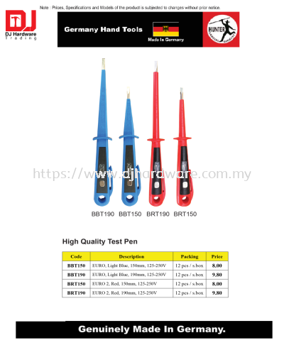 GERMANY HAND TOOLS HIGH QUALITY TEST PEN EURO LIGHT BLUE 190MM 125V 250V BBT190 (CL)