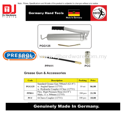 GERMANY HAND TOOLS GREASE GUN & ACCESSORIES STANDARD GREASE GUN 500CM G1 ANGLED SPOUT HYDRAULIC COUPLER 4 CLAW PGG125  (CL)