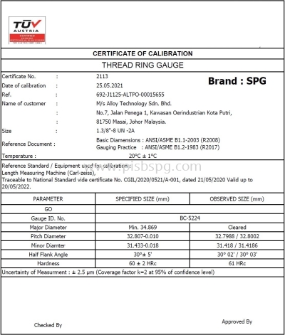 Certificate of Calibration 