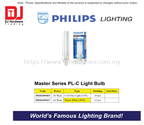 PHILIPS LIGHTING MASTER SERIES PL C LIGHT BULB WARM WHITE WW 18W PHM18W827 (CL)