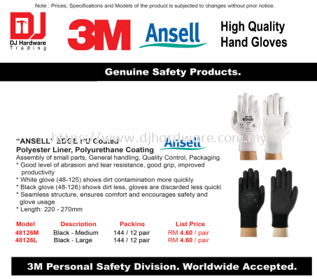 3M ANSELL HIGH QUALITY HAND GLOVES GENUINE 3M ANSELL EDGE PU COATED POLYESTER LINER POLYURETHANE COATING BLACK LARGE 48126L (CL)