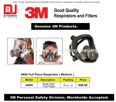 3M GOOD QUALITY RESPIRATORS & FILTERS GENUINE 3M  FULL PIECE RESPIRATOR MEDIUM DUAL CART FULL FACE 36800 (CL)