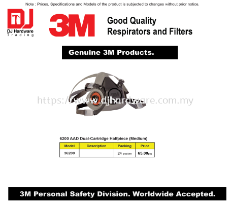 3M GOOD QUALITY RESPIRATORS & FILTERS GENUINE 3M 6200 AAD DUAL CARTRIDGE HALFPIECE MEDIUM 36200 (CL)