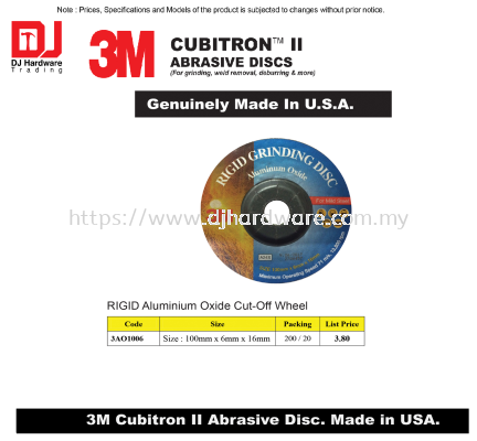 3M GENUINE CUBITRON II ABRASIVE DISCS RIGID ALUMINIUM OXIDE CUT OFF WHEEL 100MM X 6MM X 16MM 3AO1006 (CL)