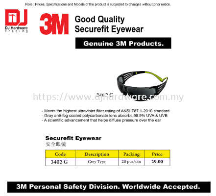 3M GENUINE GOOD QUALITY SECUREFIT EYEWEAR GREY TYPE 3402G (CL)