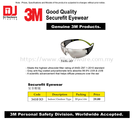 3M GENUINE GOOD QUALITY SECUREFIT EYEWEAR INDOOR OUT DOOR TYPE 3410 IO (CL)