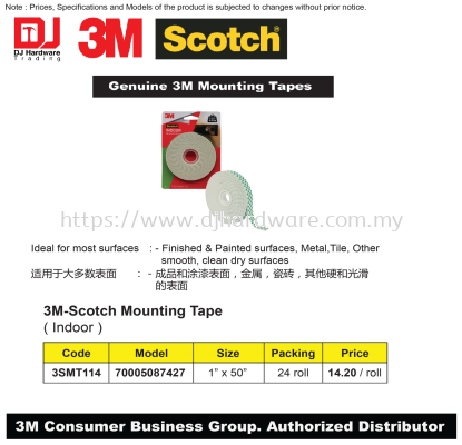 3M GENUINE MOUNTING TAPES SCOTCH INDOOR 1'' X 50'' 70005087427 3SMT114 (CL)