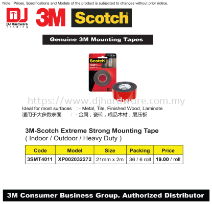 3M GENUINE EXTREME STRONG MOUNTING TAPES SCOTCH INDOOR OUTDOOR HEAVY DUTY 21MM X 2M XP002032272 3SMT4011 (CL)