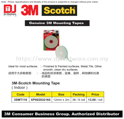 3M GENUINE MOUNTING TAPES SCOTCH INDOOR 12MM X 2M XP002032165 3SMT110 (CL)