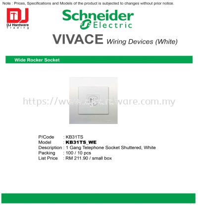 SCHNEIDER ELECTRIC VIVACE WIRING DEVICES WHITE WIDE ROCKER SOCKET KB31TS 1 GANG TELEPHONE SOCKET SHUTTERED KB31TS-WE (CL)